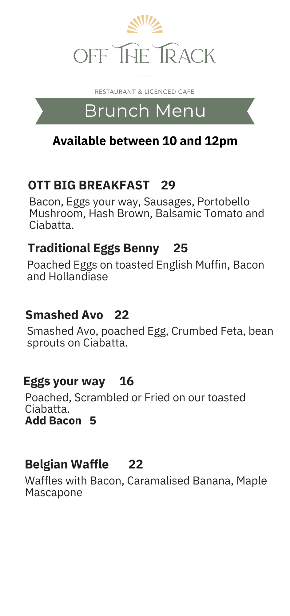Off The Track Brunch menu