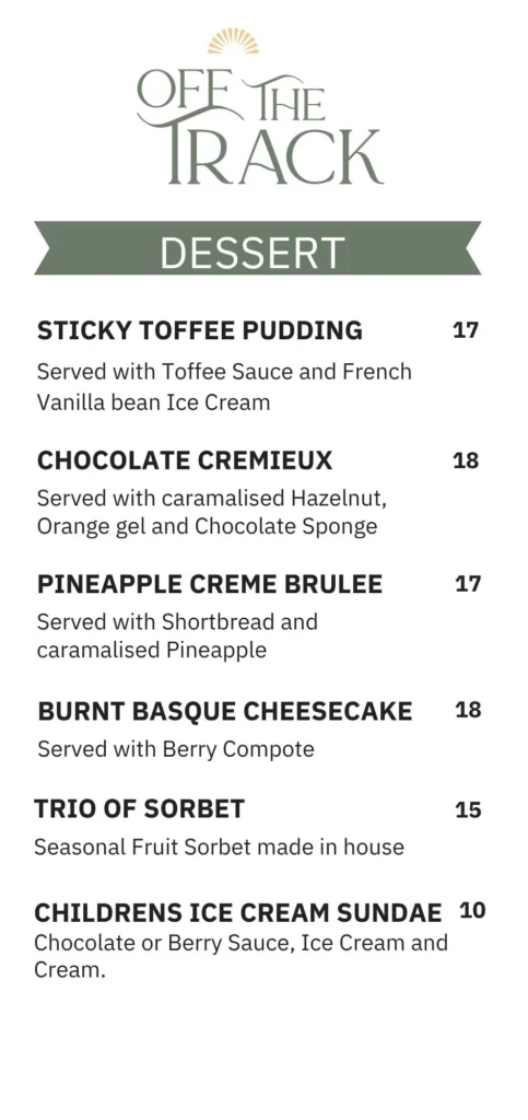 Off The Track dessert menu