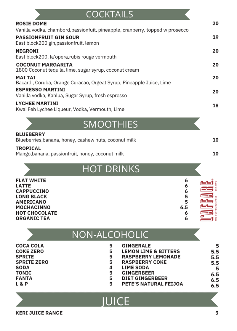 Off The Track drinks menu