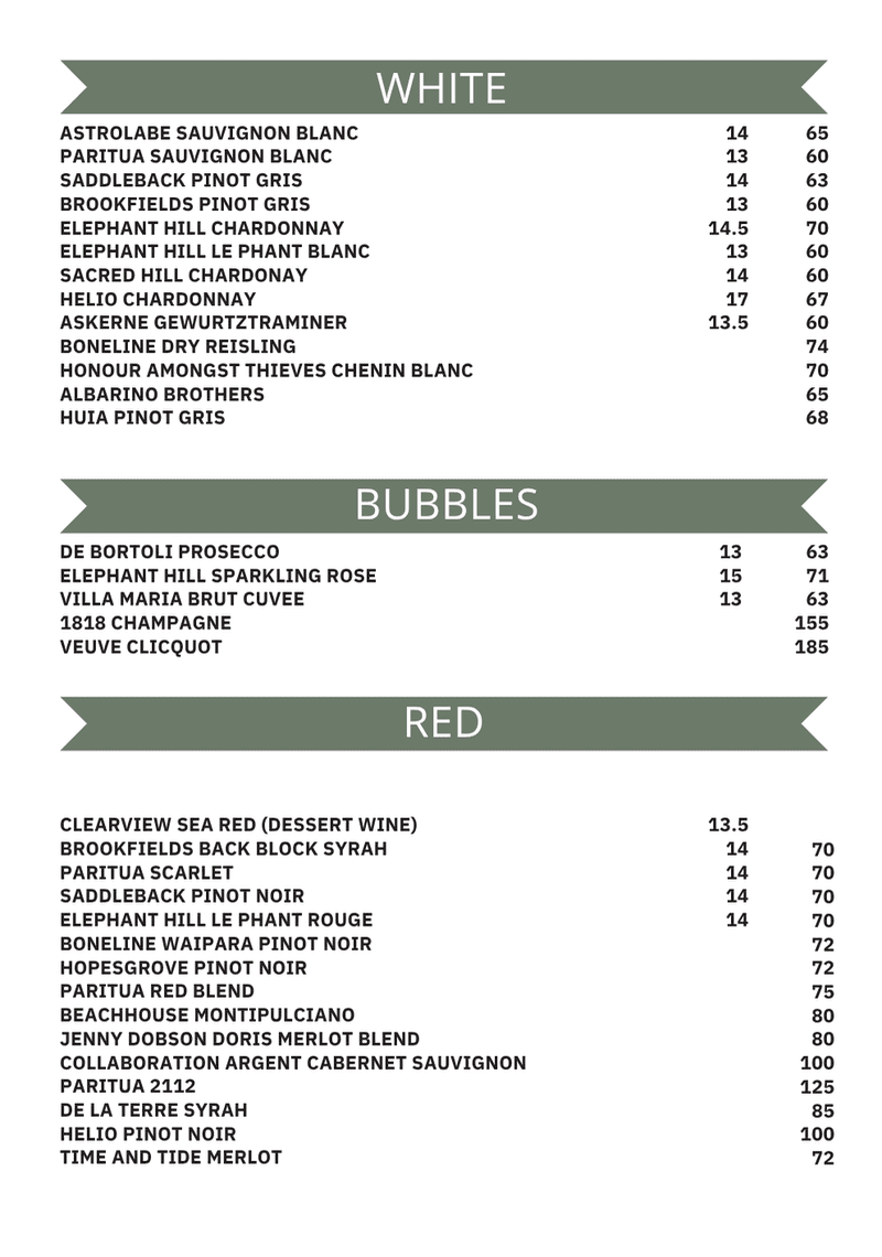 Off The Track drinks menu