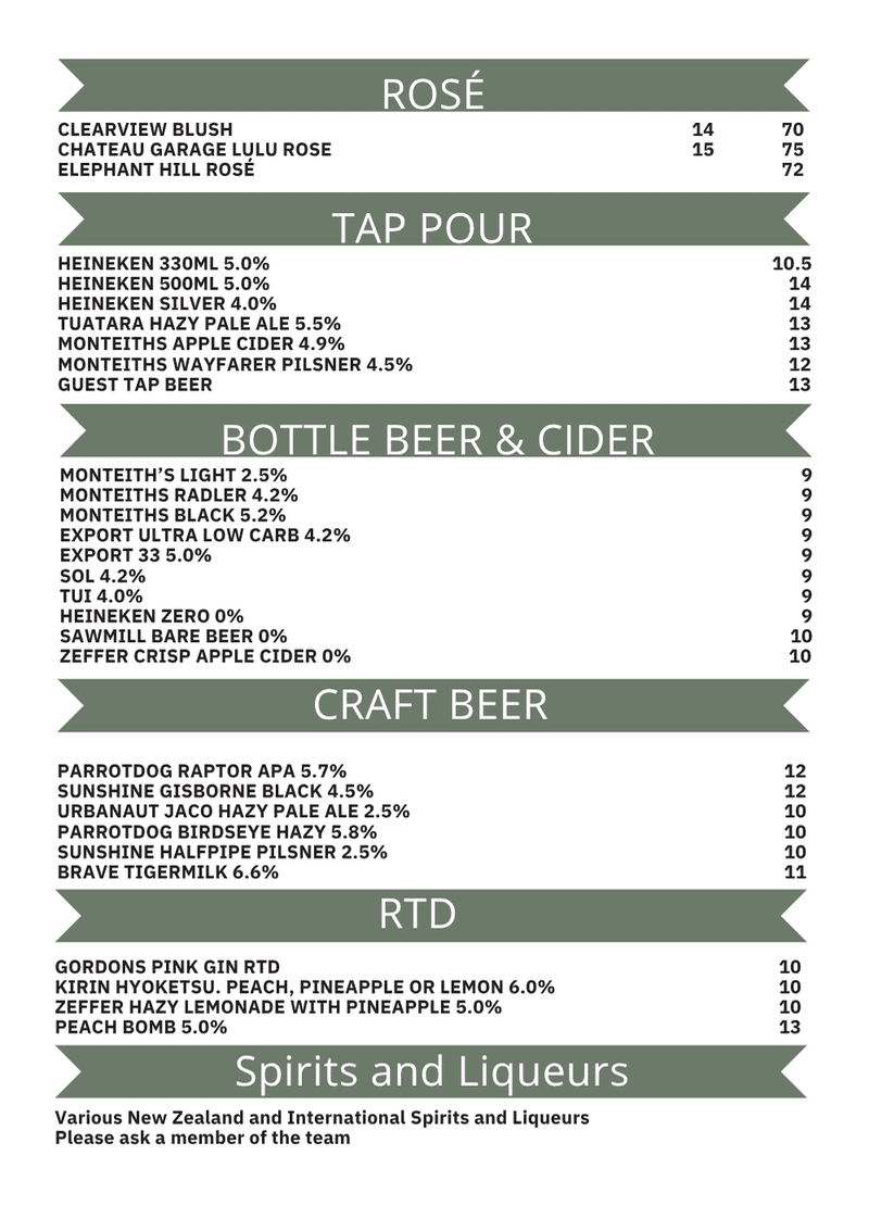 Off The Track drinks menu
