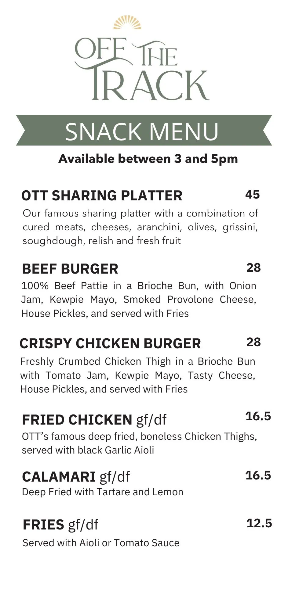 Off The Track snack menu